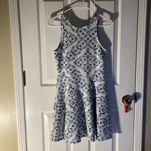 White dress with blue design